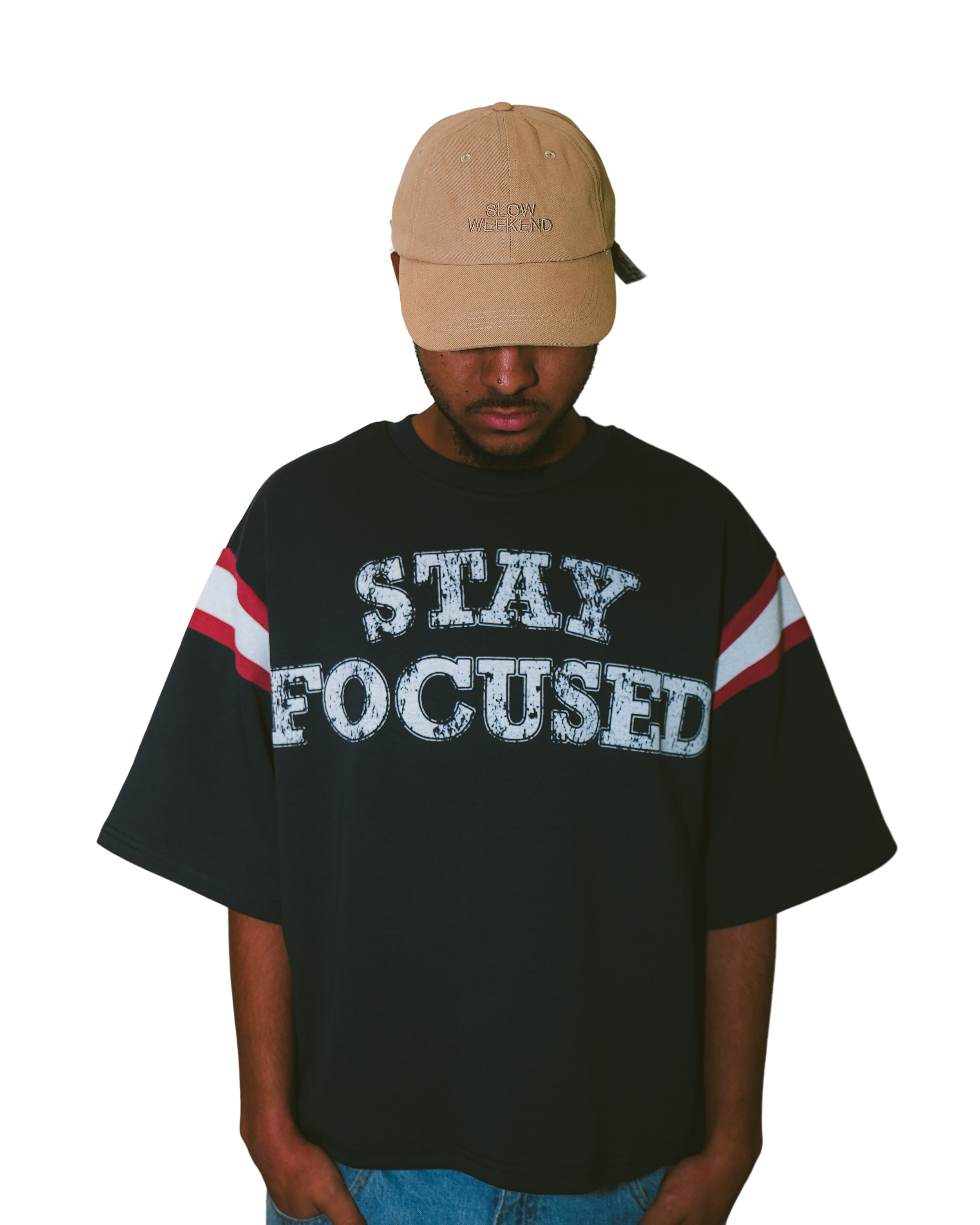 'Stay Focused' Navy Blue Varsity Tee